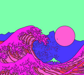 Great Wave in Vaporwave Pop Art style. View on the Mount Fuji and ocean's crest leap. Stylized vector line art illustration of 19th century Japanese print. 