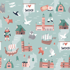 Seamless pattern with famous symbols and landmarks of Sweden.