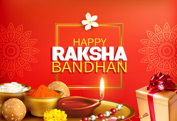 Greeting background with pooja thali (tray), rakhi (bracelet), and gift for Raksha Bandhan (Bond of protection and care) – Indian festival of sisters and brothers. Vector illustration.