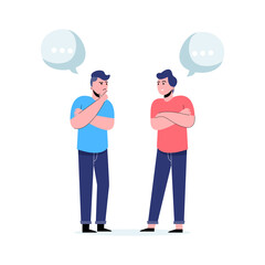 Two men talk, discussion, exchange of ideas with speech bubble. Flat vector illustration