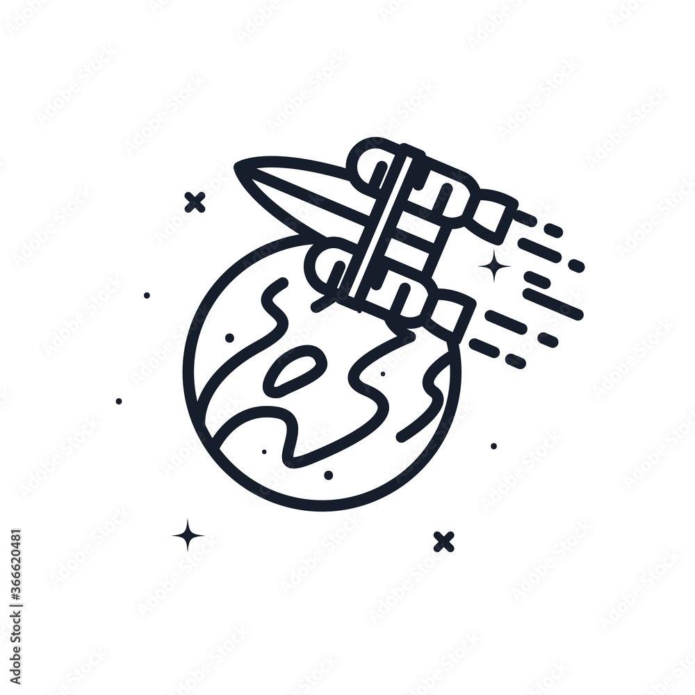 Poster rocket and planet line style icon vector design