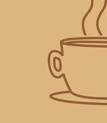 Isolated cup of coffee drawn with brown stroke on a light brown background. Hand drawn cartoon style vector illustration.