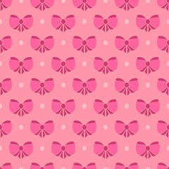 Beautiful seamless pattern made of pink ribbon bows and white dots on pink background. Endless texture for wedding, baby, birthday party. Vector design. Modern pattern for surfaces. 