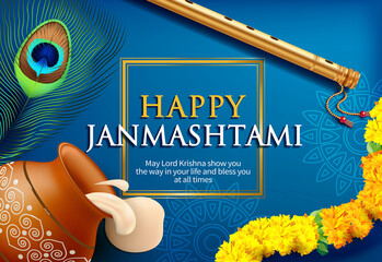 Greeting background for Hindu festival Krishna Janmashtami (birth of Lord Krishna). Vector illustration.