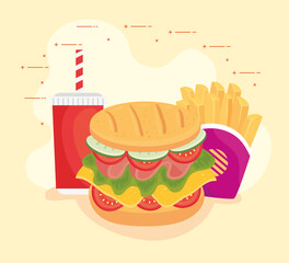 fast food, lunch or meal, hamburger with french fries and bottle beverage