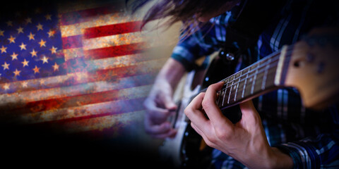Electric guitar man playing on US flag background