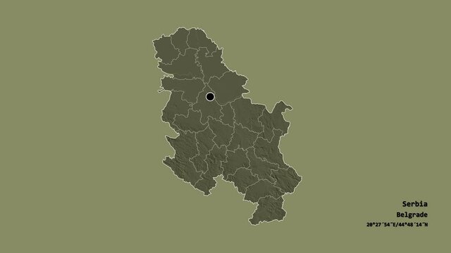Jablanički, district of Serbia, with its capital, localized, outlined and zoomed with informative overlays on a administrative map in the Stereographic projection. Animation 3D