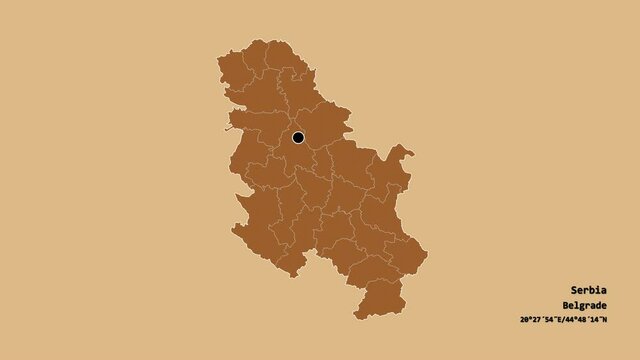 Jablanički, district of Serbia, with its capital, localized, outlined and zoomed with informative overlays on a solid patterned map in the Stereographic projection. Animation 3D