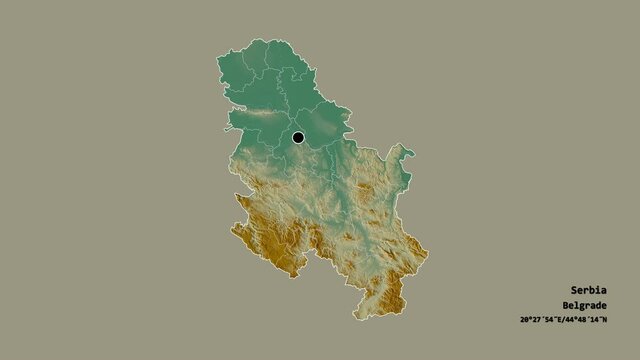 Jablanički, district of Serbia, with its capital, localized, outlined and zoomed with informative overlays on a relief map in the Stereographic projection. Animation 3D