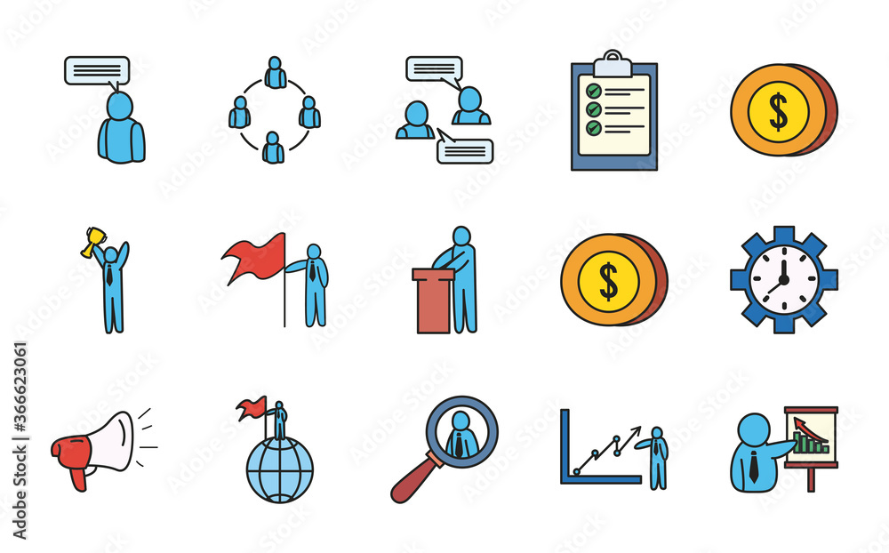 Poster business line and fill style icon set vector design