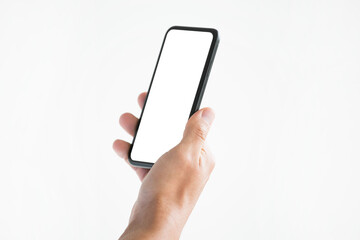 Display white layout, Hands using the phone on a white background