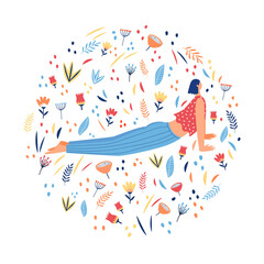 Girl doing yoga. Floral circular print. Vector illustration.