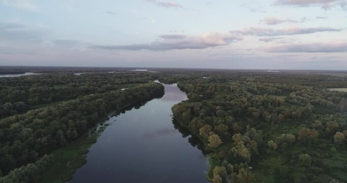Aerial view the river on green forest plain.