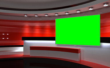 Tv Studio. Backdrop for TV shows .TV on wall. News studio. The perfect backdrop for any green screen or chroma key video or photo production. 3D rendering.