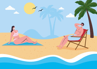 social distancing on the beach, couple wearing medical mask keep distance in the beach, new normal summer beach concept after coronavirus or covid 19