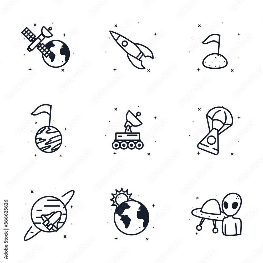 Poster space line style icon set vector design
