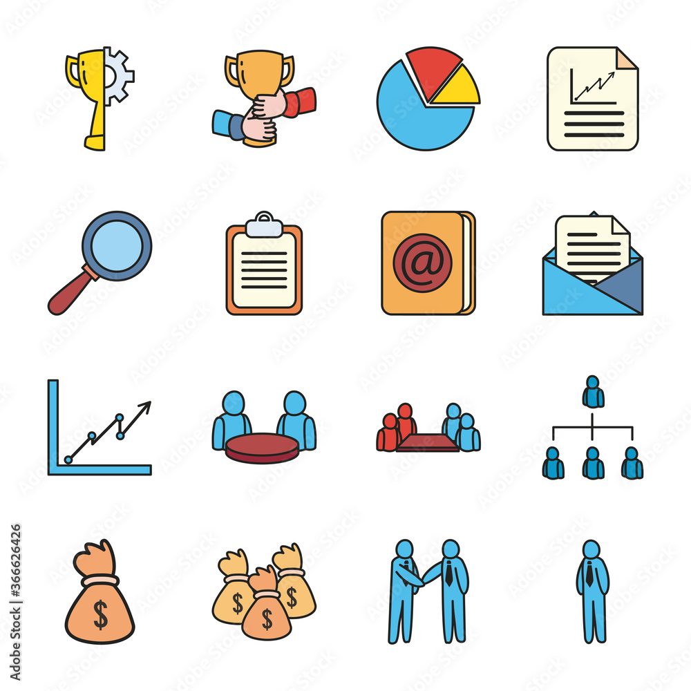 Poster business line and fill style icon set vector design