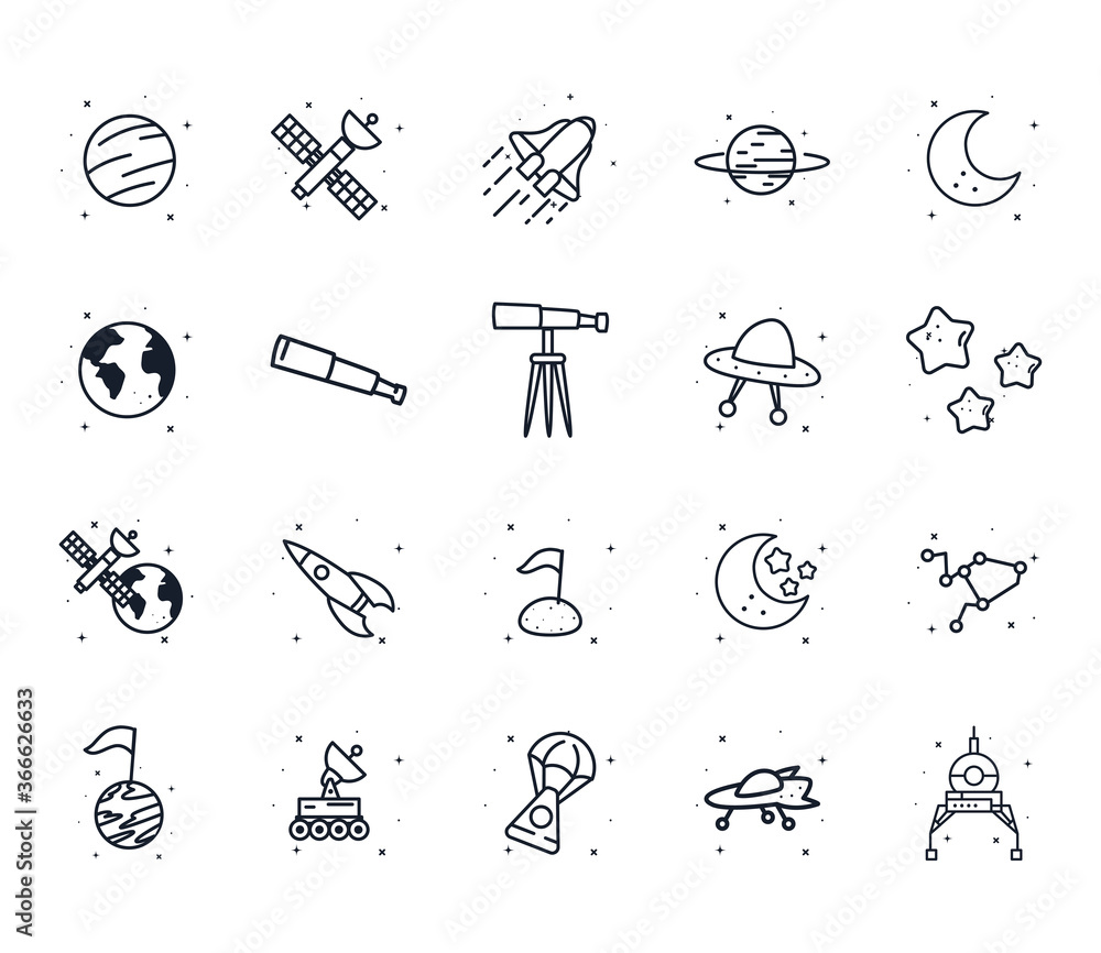 Poster space line style icon set vector design
