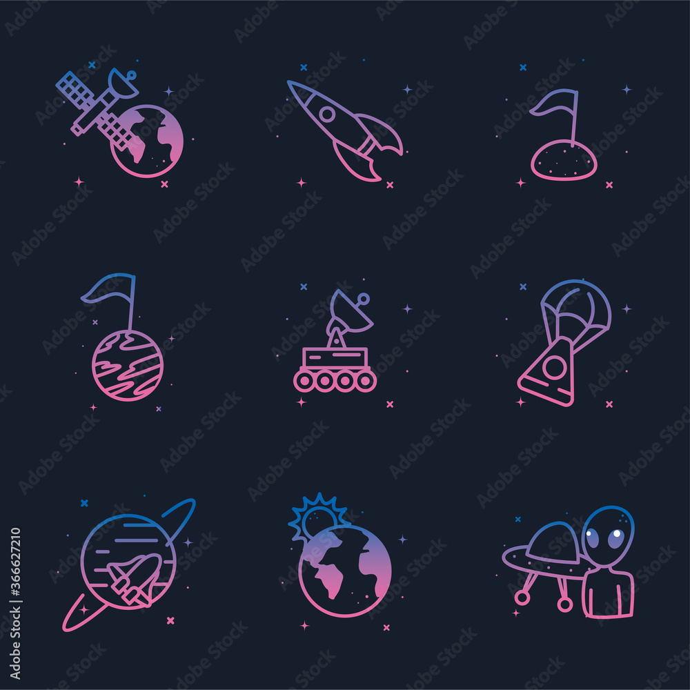 Poster space gradient style icon set vector design