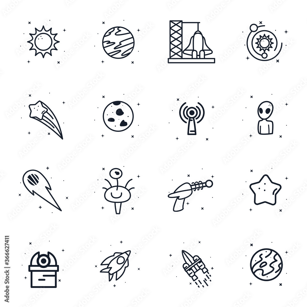 Poster space line style icon set vector design