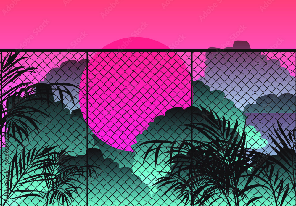 Poster ambient view on evening cloudy sky behind the fence, palm leaves in the foreground. nature scene in 