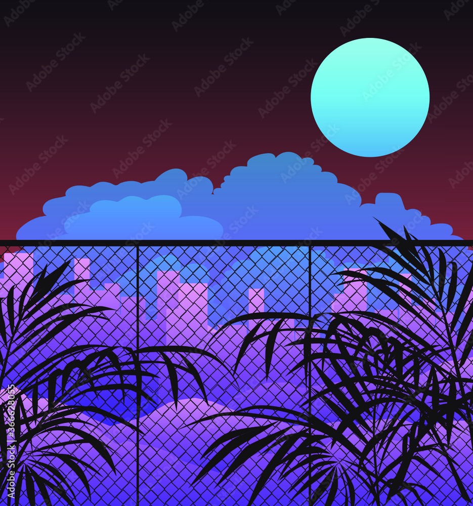 Poster ambient view on evening cloudy sky behind the fence, palm leaves in the foreground. nature scene in 