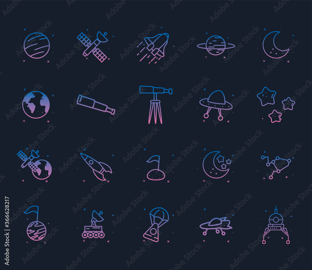 Poster space gradient style icon set vector design