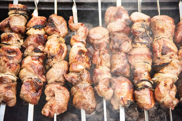 Raw kebab with vegetables. Russian shashlik.