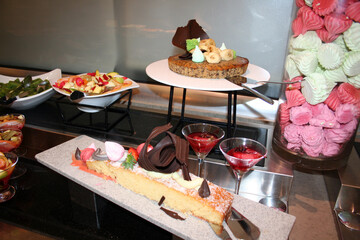 Fruits and deserts in the restaurant 