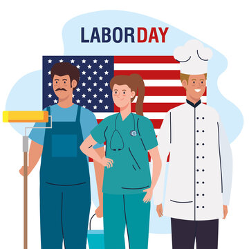 labor day poster with people group different occupation and flag usa