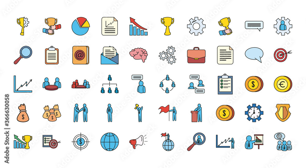 Poster business line and fill style icon set vector design