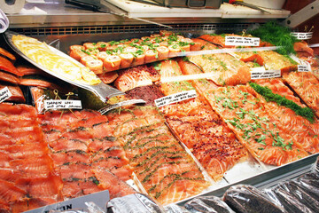 Sale of Sliced Salmon in the Market in Helsinki, Finland
