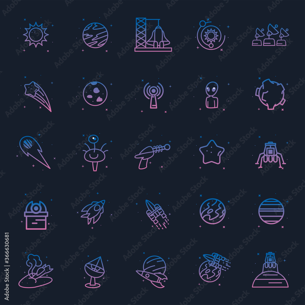 Poster space gradient style icon set vector design