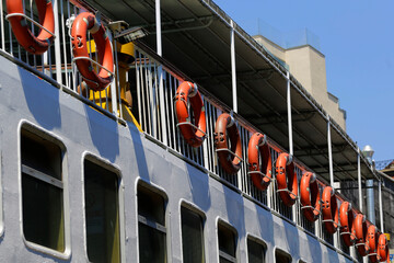 Lifebelts are seen in a ferry boat at Bosphorus strait, Istanbul, Turkey.
