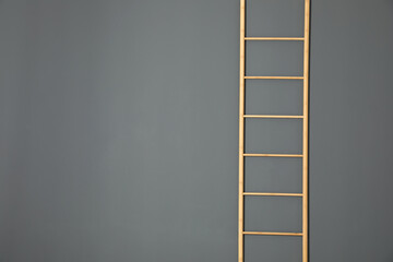 Modern wooden ladder on grey background. Space for text