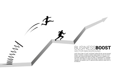 Silhouette of businessman jump over head the other on graph with spring. Concept of boost and growth in business.