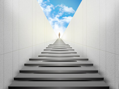 Woman standing on top of stairs and looking forward. Way to success