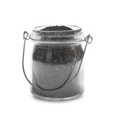 Poppy seeds in jar isolated on white