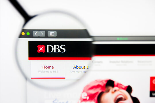 Los Angeles, California, USA - 5 April 2019: Illustrative Editorial of DBS Group website homepage. DBS Group logo visible on display screen.