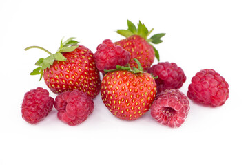 Set of fresh red berries. Strawberries and raspberries on a white background.