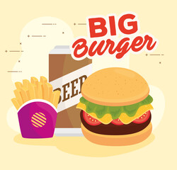 fast food poster, big burger with beer and french fries