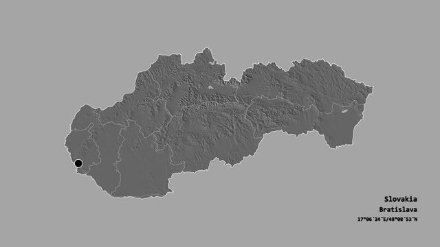 Trnavsk&yacute;, region of Slovakia, with its capital, localized, outlined and zoomed with informative overlays on a bilevel map in the Stereographic projection. Animation 3D