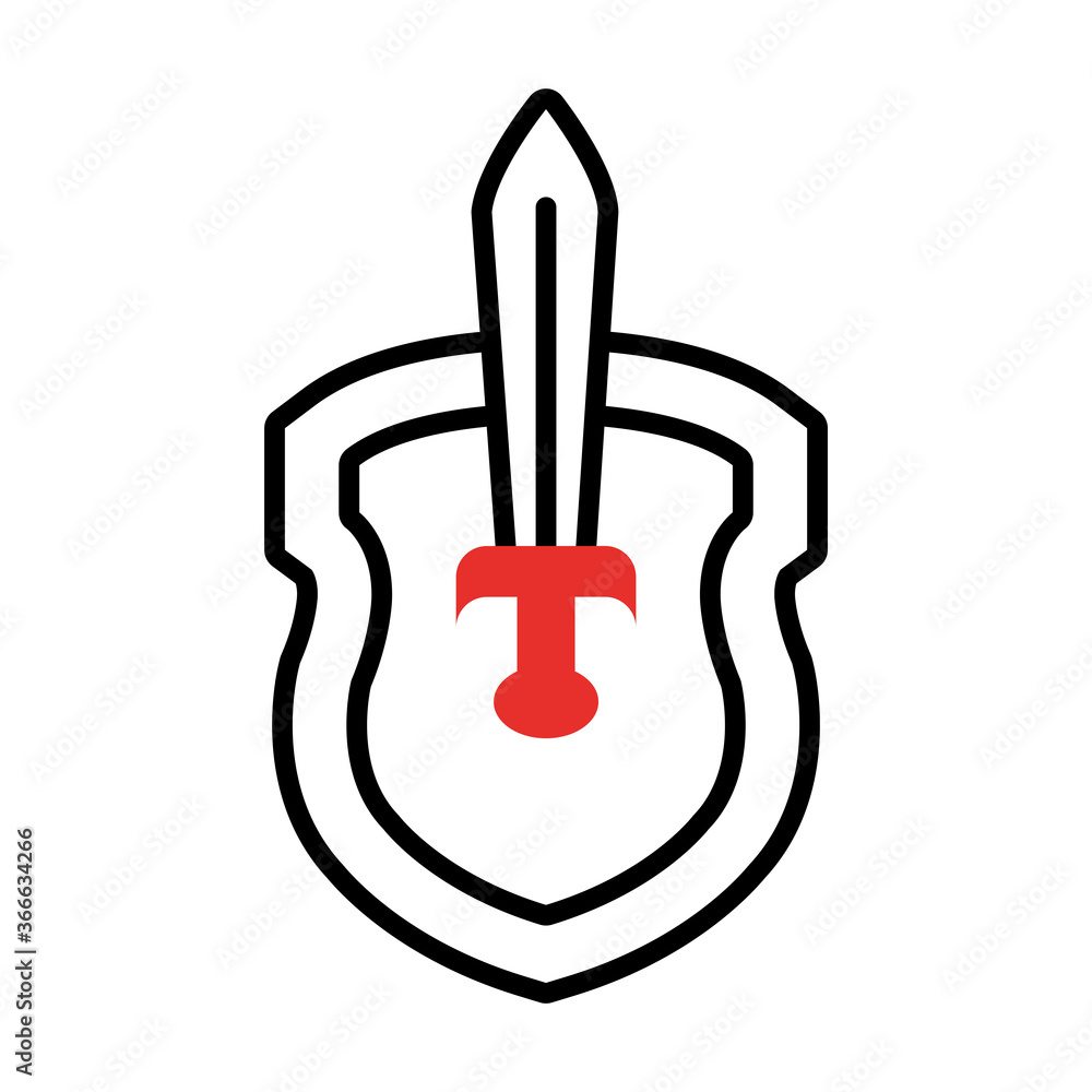 Poster shield with sword icon, half line half color style