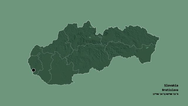 Žilinsk&yacute;, region of Slovakia, with its capital, localized, outlined and zoomed with informative overlays on a administrative map in the Stereographic projection. Animation 3D