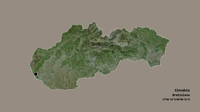 Žilinsk&yacute;, region of Slovakia, with its capital, localized, outlined and zoomed with informative overlays on a satellite map in the Stereographic projection. Animation 3D