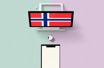 Bouvet Islands national flag on computer screen top view, cupcake and empty note paper for planning. Minimal concept with turquoise and purple background.