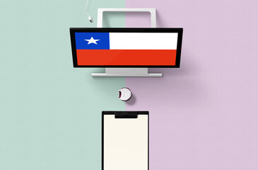 Chile national flag on computer screen top view, cupcake and empty note paper for planning. Minimal concept with turquoise and purple background.