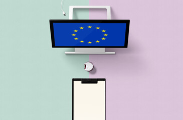 European Union national flag on computer screen top view, cupcake and empty note paper for planning. Minimal concept with turquoise and purple background.