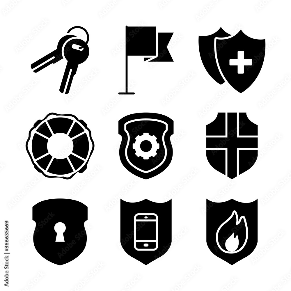 Poster keys and security shield icon set, half line half color style