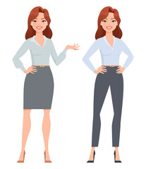 Attractive professional woman in two poses. Asian office lady in formal business wear. Vector illustration.